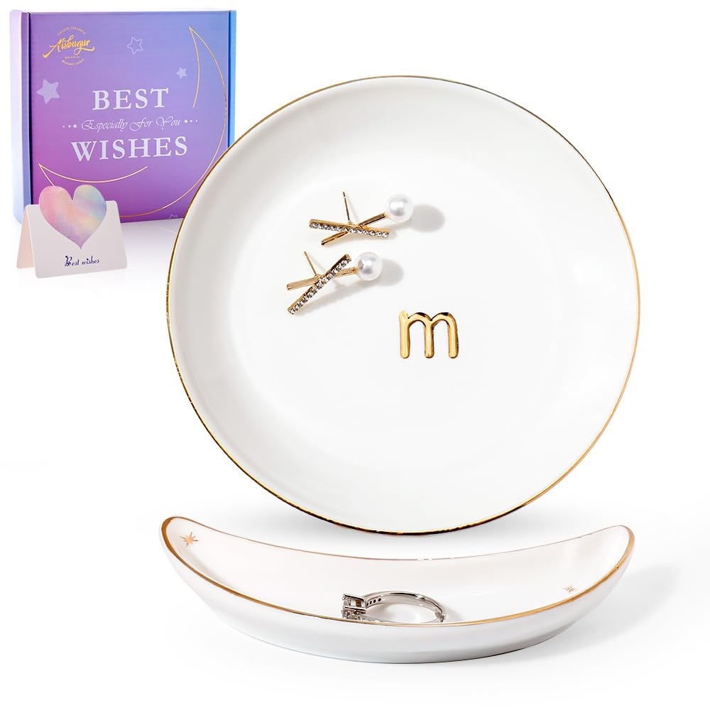 “M” Monogram White and Gold Jewelry Dish Set